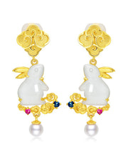 Stylish Yellow Sterling Silver Overgild Jade Pearl Xiangyun The Jade Hare Drop Earrings