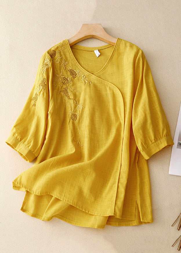 Stylish Yellow V Neck Embroideried  Linen Blouses Bracelet Sleeve