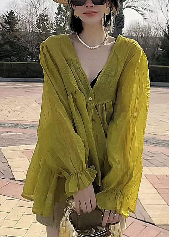 Stylish Yellow V Neck Patchwork Silk Cotton Shirt Lantern Sleeve