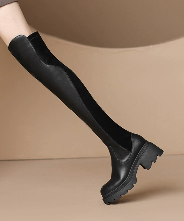 Stylish Zippered Splicing Black Chunky Knee Boots