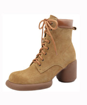 Suede Chunky Heel Boots Apricot Stylish Splicing Lace Up