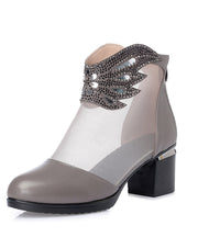 Summer Grey Cowhide Leather Tulle Splicing Hollow Out Boots