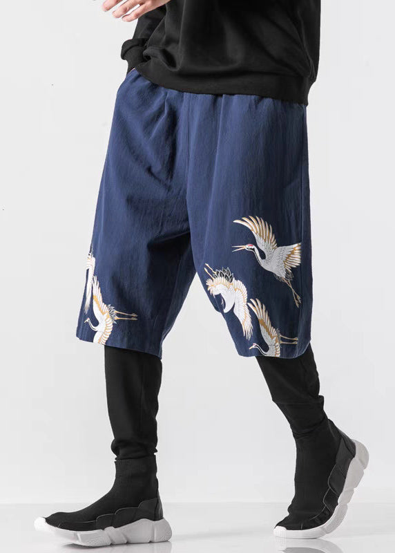Summer Navy Print Cotton Loose Casual Chinese Style Men Beach Shorts