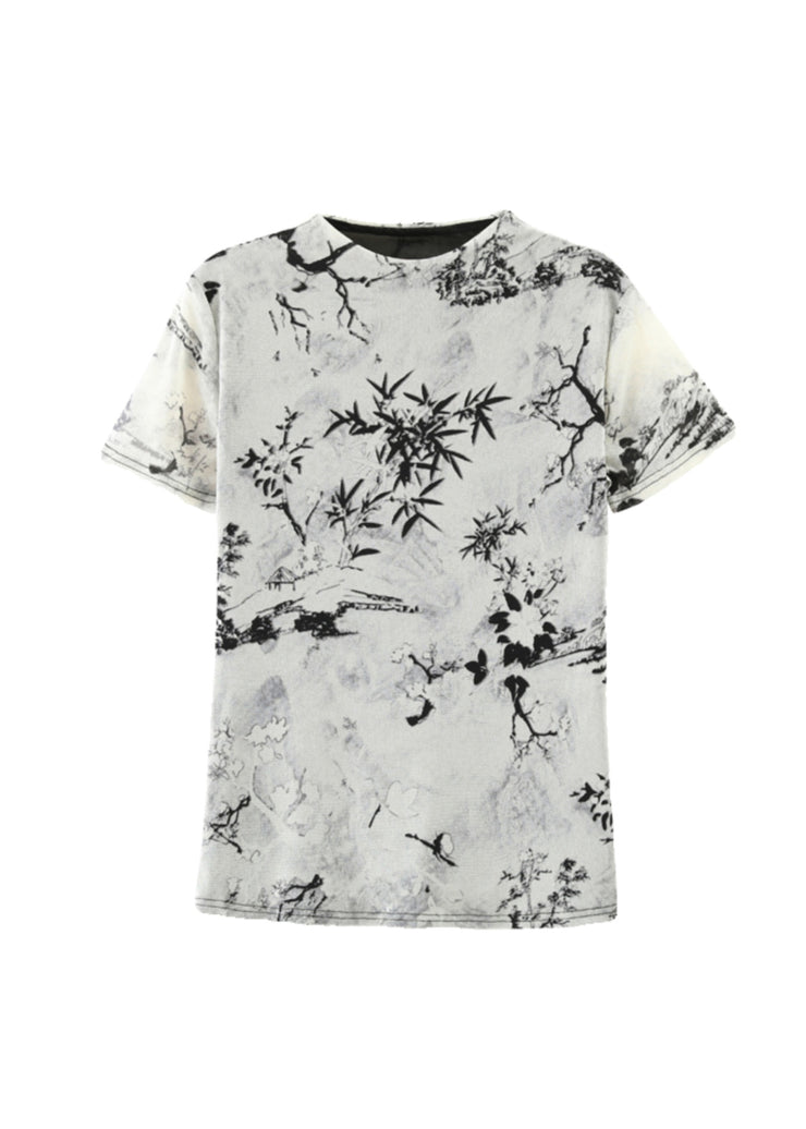 Summer New Half High Collar Print Tulle T Shirt Top