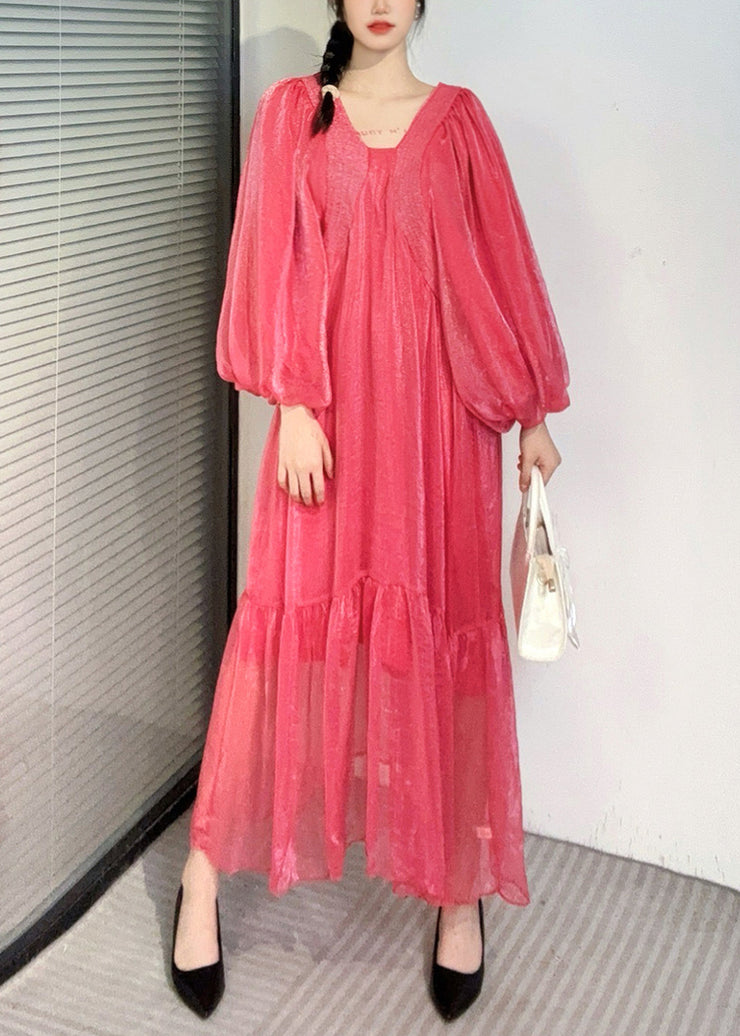 Summer New Watermelon Red V Neck Wrinkled Puff Sleeve Long Dress