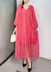 Summer New Watermelon Red V Neck Wrinkled Puff Sleeve Long Dress