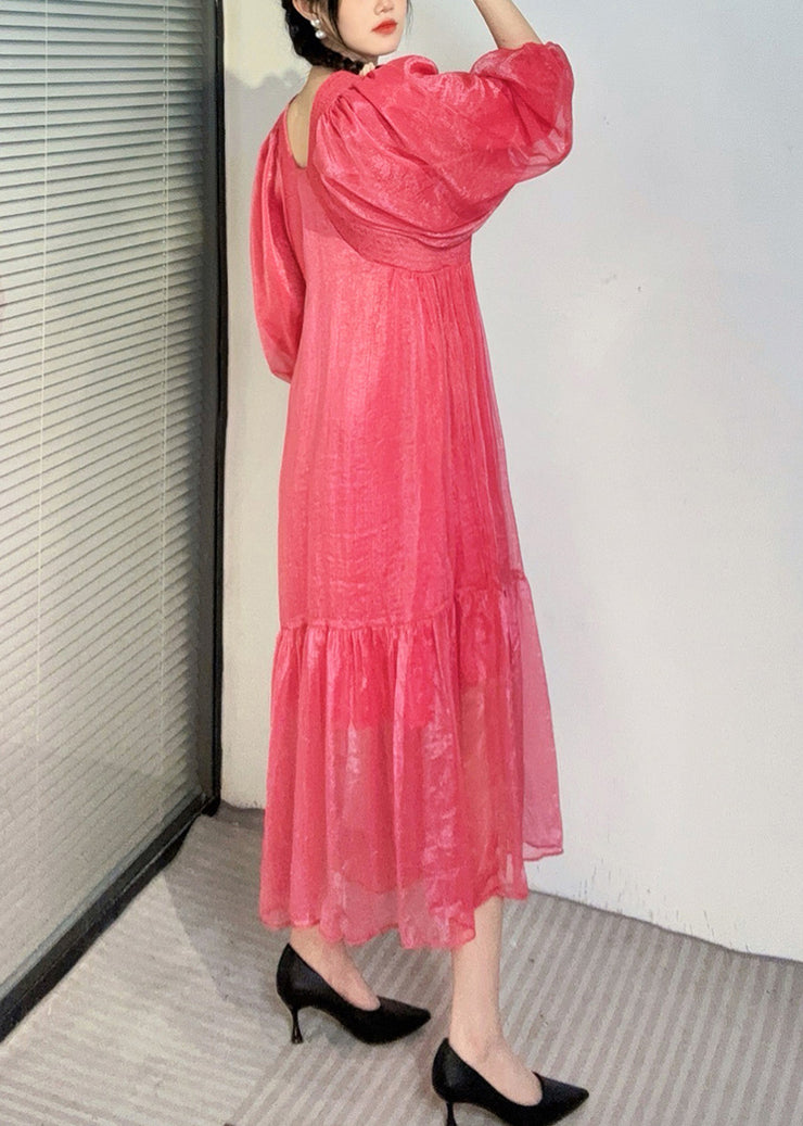 Summer New Watermelon Red V Neck Wrinkled Puff Sleeve Long Dress