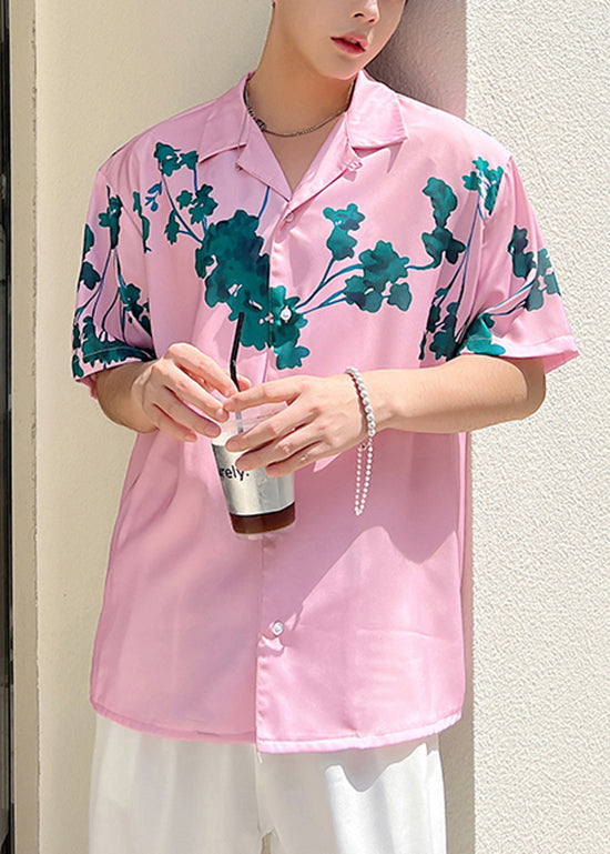 Summer Pink Short Sleeved Cuban Collar Men Hawaiian Shirts