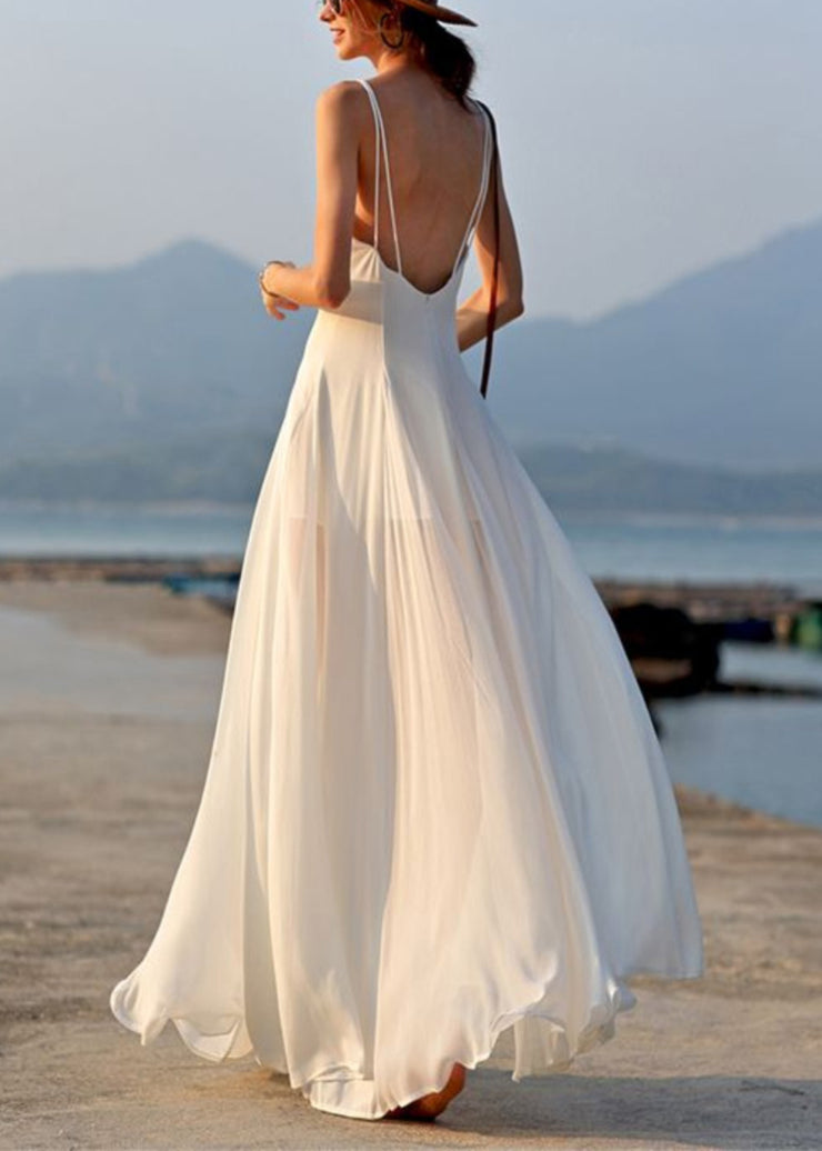 Summer White Vacation Style Backless Chiffon Spaghetti Strap Dress