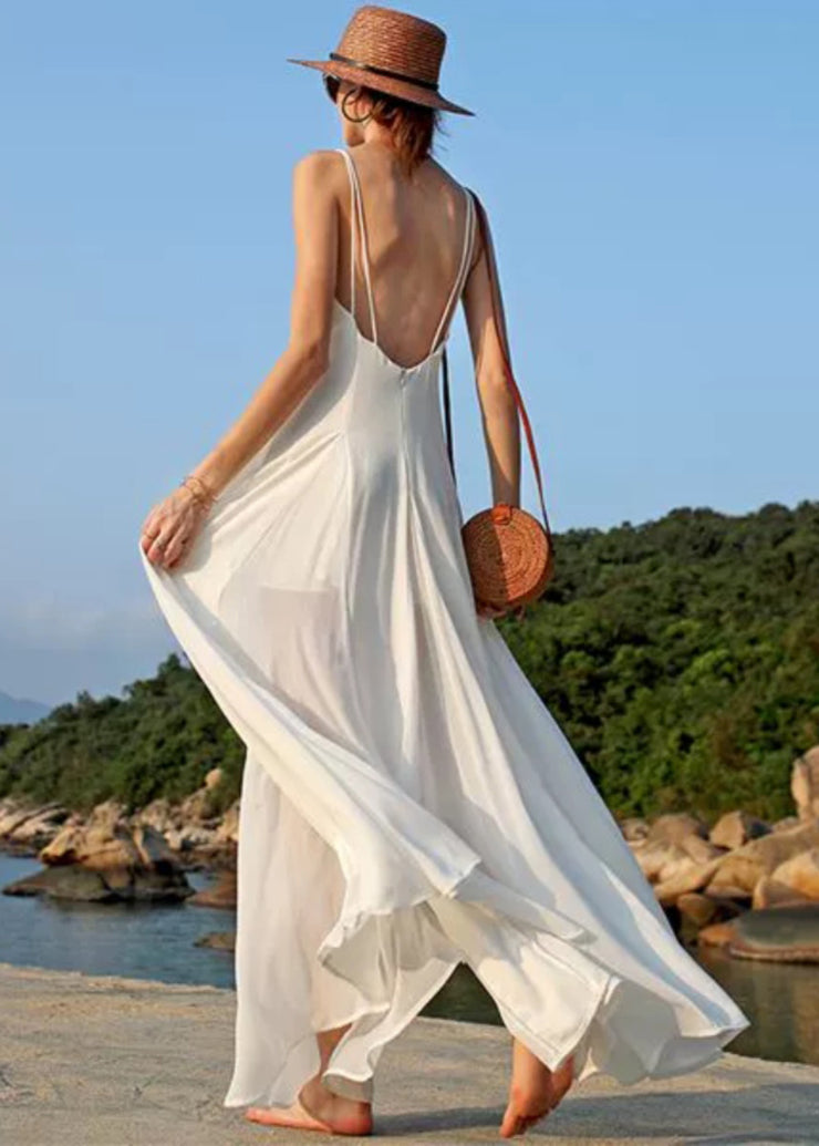 Summer White Vacation Style Backless Chiffon Spaghetti Strap Dress