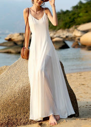 Summer White Vacation Style Backless Chiffon Spaghetti Strap Dress