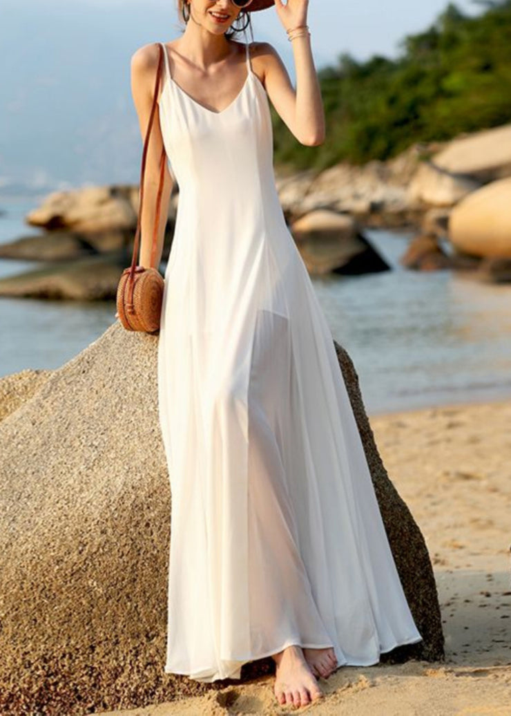 Summer White Vacation Style Backless Chiffon Spaghetti Strap Dress