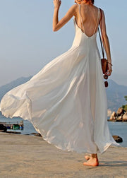 Summer White Vacation Style Backless Chiffon Spaghetti Strap Dress