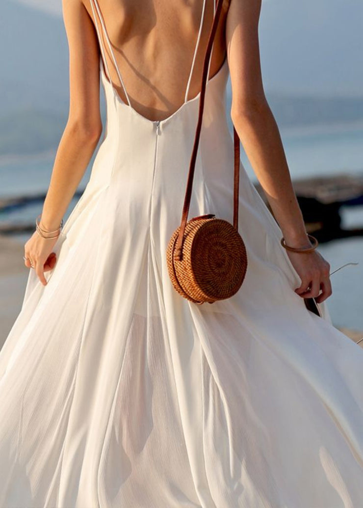 Summer White Vacation Style Backless Chiffon Spaghetti Strap Dress