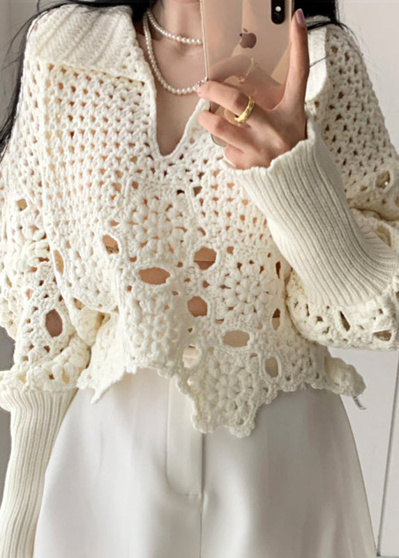 Sweet Beige Hollow Lantern Sleeve Knitted Sweater Autumn