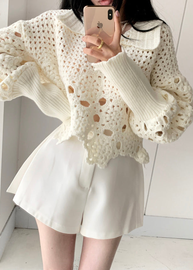 Sweet Beige Hollow Lantern Sleeve Knitted Sweater Autumn