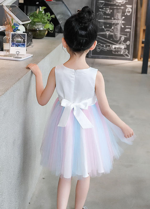 Sweet White Floral Wrinkled Patchwork Tulle Baby Girls Princess Dress Sleeveless