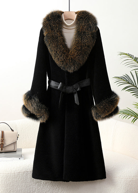 Top Quality Black Fox Collar Pockets Tie Waist Cashmere Coats Winter