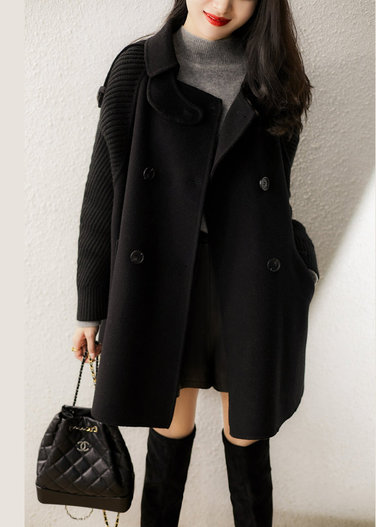 2024 Black Peter Pan Collar Pockets Woolen coats Spring