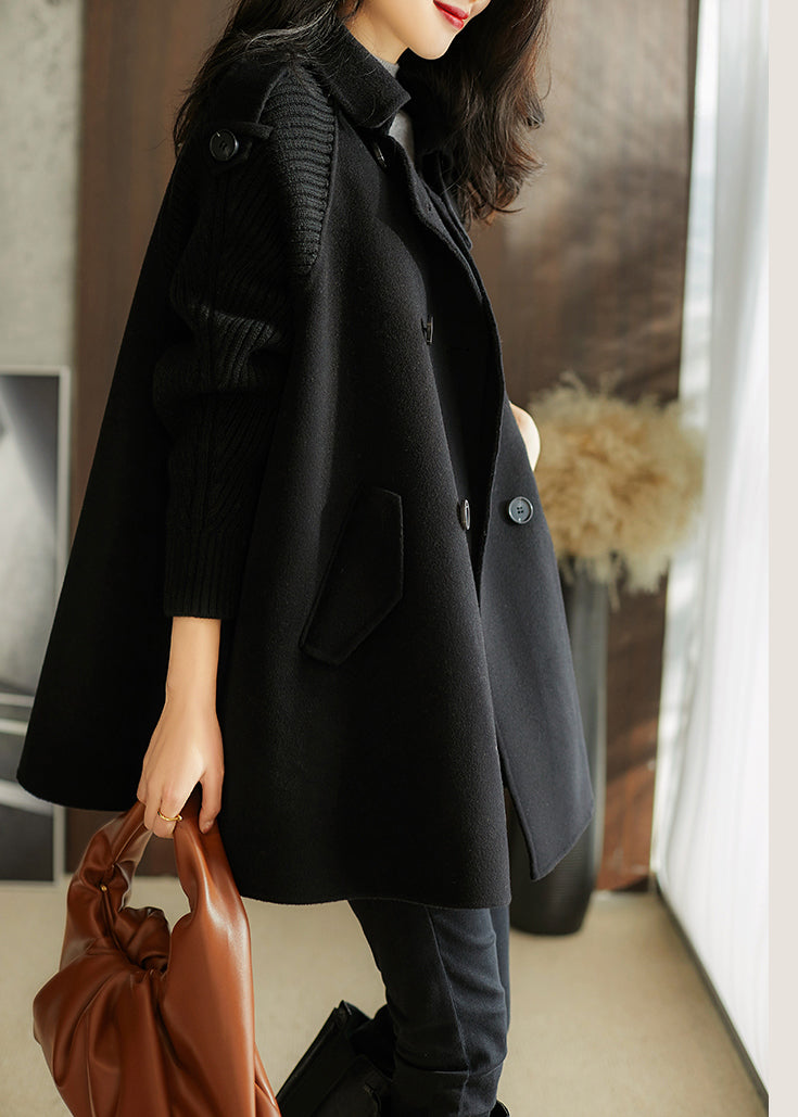 2024 Black Peter Pan Collar Pockets Woolen coats Spring