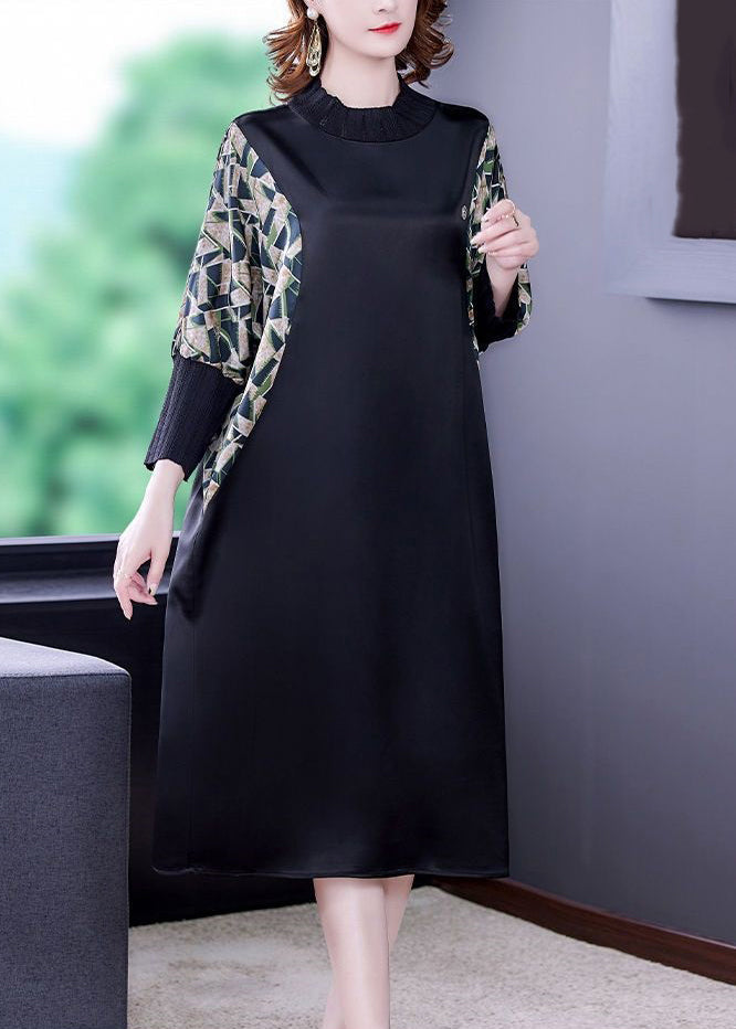 Top Quality Black Print Pockets Patchwork Silk Dresses Fall