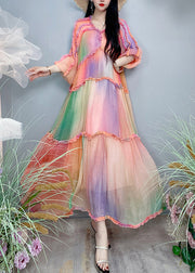 Top Quality Gradient Color Ruffled Patchwork Silk Exra Large Hem Long Dress Fall