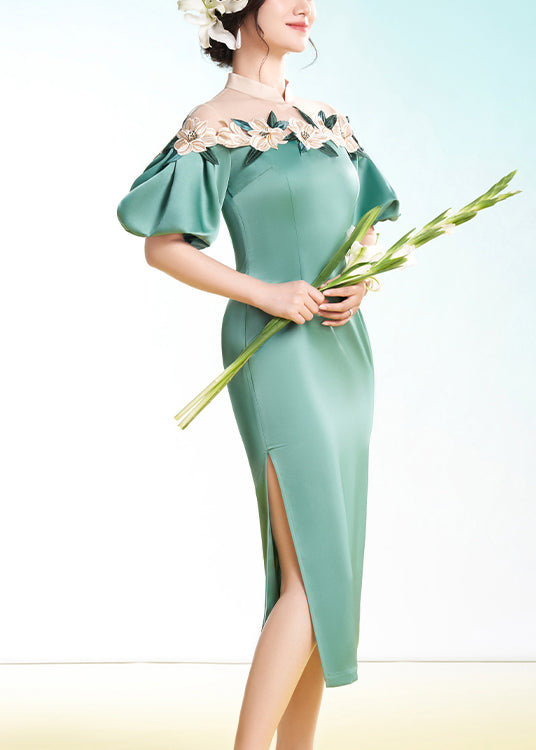 Top Quality Green Embroidered Side Open Silk Dress Puff Sleeve