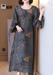 Top Quality Grey O Neck Print Silk Long Dresses Summer