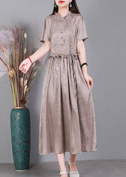 2024 Lotus Root Pink V Neck Button Drawstring Silk Dresses Short Sleeve