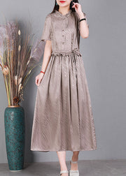 2024 Lotus Root Pink V Neck Button Drawstring Silk Dresses Short Sleeve