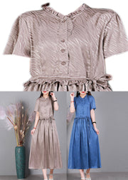 2024 Lotus Root Pink V Neck Button Drawstring Silk Dresses Short Sleeve