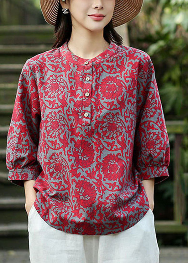 2024 Red O-Neck Jacquard Linen Blouse Tops Bracelet Sleeve