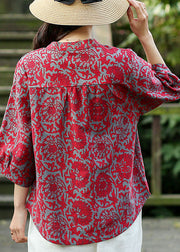 2024 Red O-Neck Jacquard Linen Blouse Tops Bracelet Sleeve