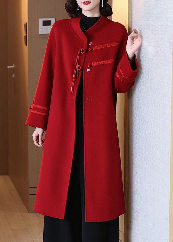 Top Quality Red Stand Collar Button Pockets Woolen Coats Spring