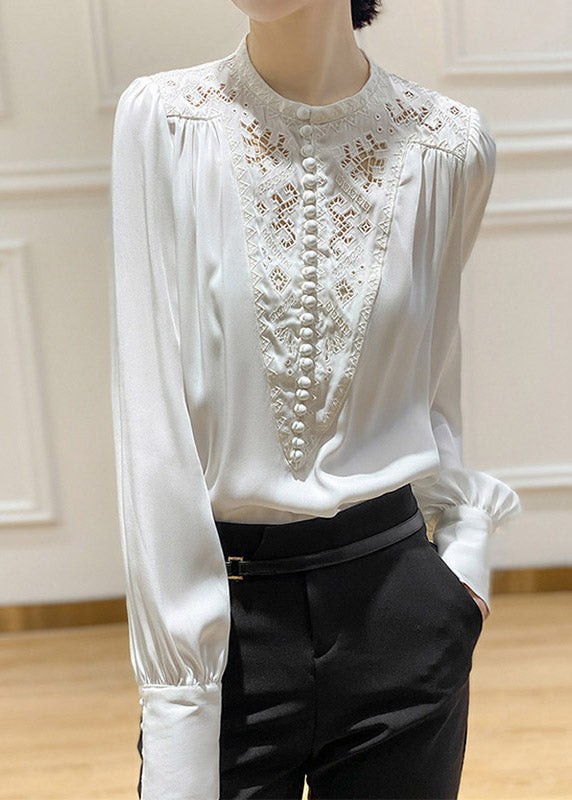 2024 White O-Neck Embroideried Floral Silk Shirt Long Sleeve