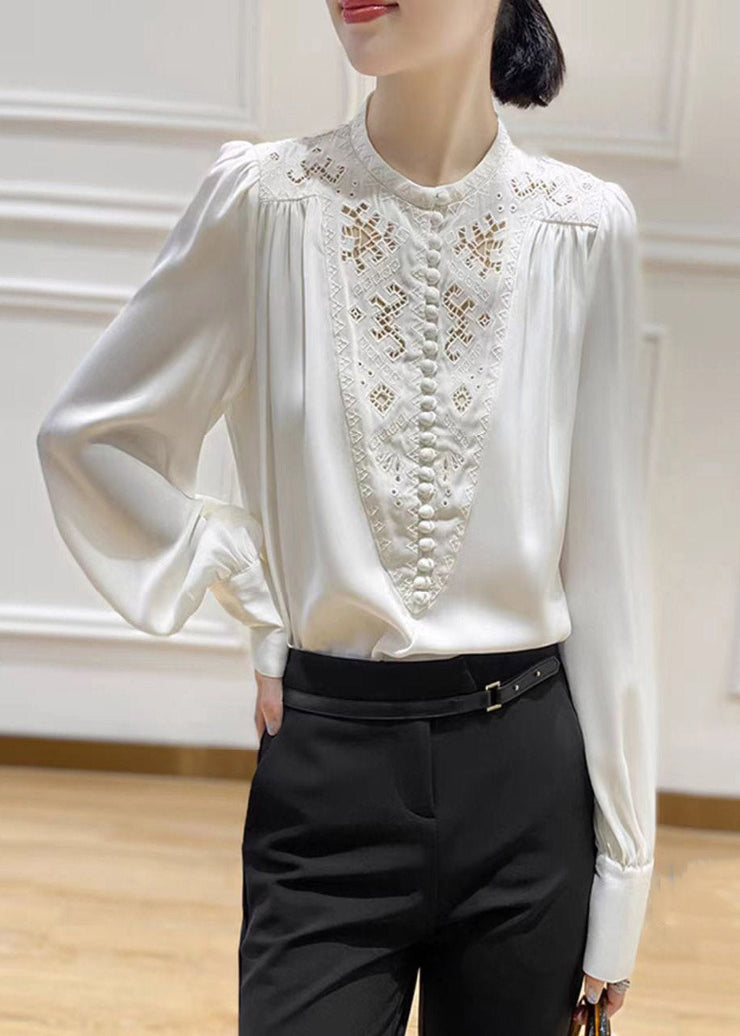 2024 White O-Neck Embroideried Floral Silk Shirt Long Sleeve