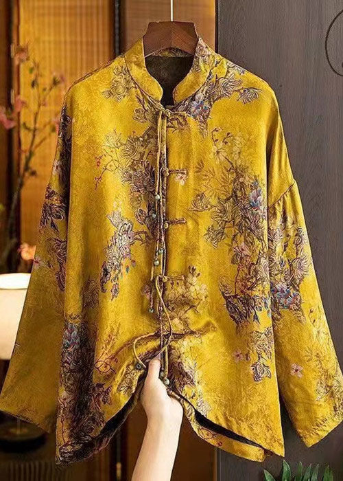 2024 Yellow Stand Collar Oriental Button Patchwork Tassel Jacquard Silk Shirt Top Long Sleeve