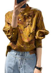 2024 Yellow Stand Collar Patchwork Print Shirt Top Spring