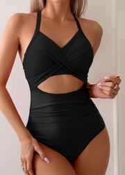 Trendy Rose Halter Hollow Out Bikini Bodysuit Swimwear