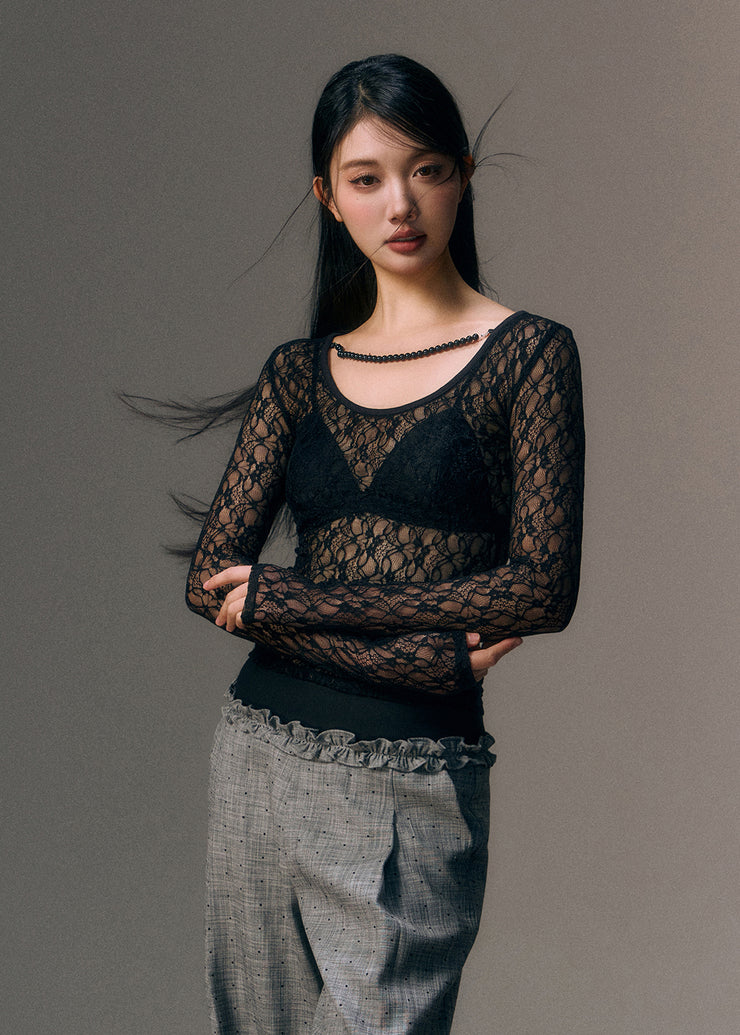 Trendy Sexy Black Bead Chain Linked Lace Top Fall