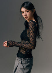 Trendy Sexy Black Bead Chain Linked Lace Top Fall