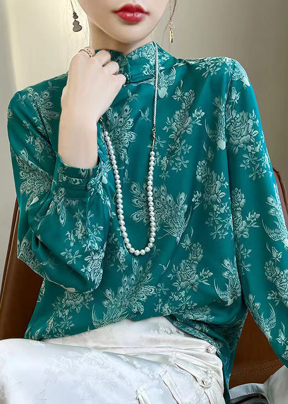 Turquoise Print Silk Shirt Stand Collar Fall