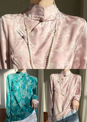 Turquoise Print Silk Shirt Stand Collar Fall