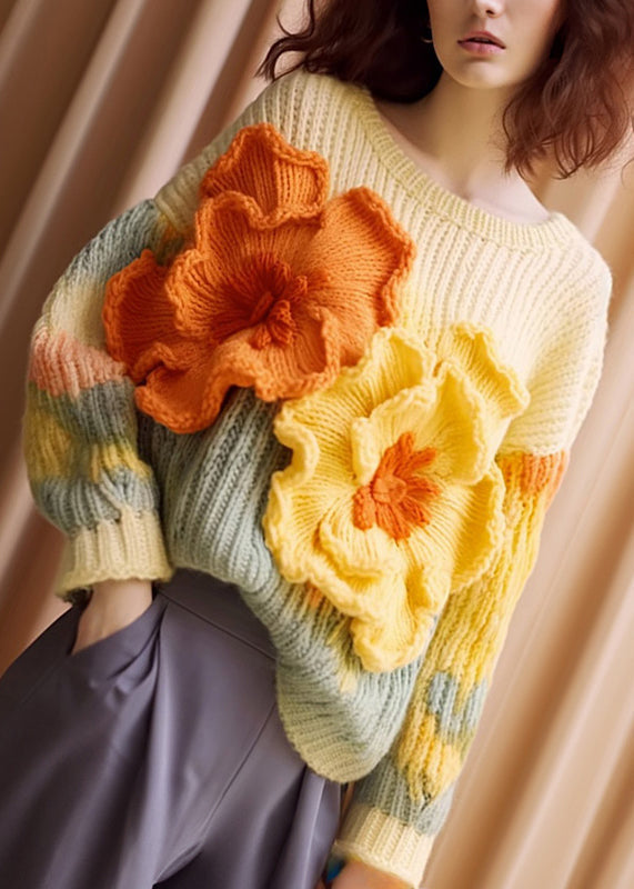 Unique Apricot Floral  Cozy Cotton Knit Sweaters Long Sleeve