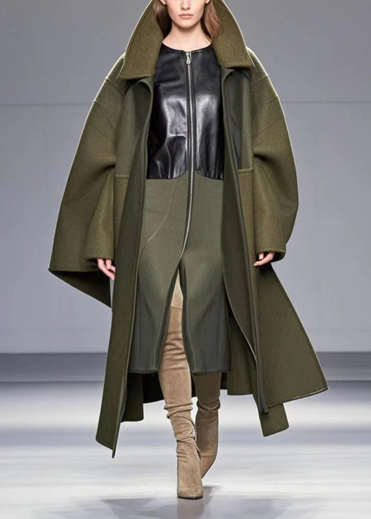 Unique Army Green Patchwork Woolen Fake Coat Trench Fall