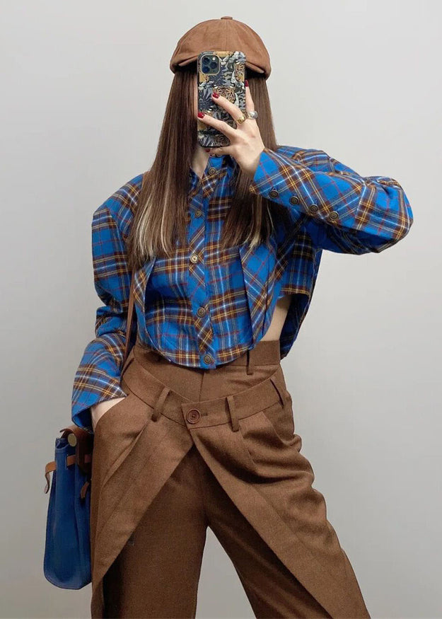 Unique Asymmetrical Design Plaid Cotton 2 Piece Outfit Spring