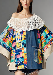 Unique Asymmetrical Lace Patchwork Print Denim Coats Fall