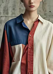 Unique Beige Asymmetrical Button Patchwork Linen Shirt Fall