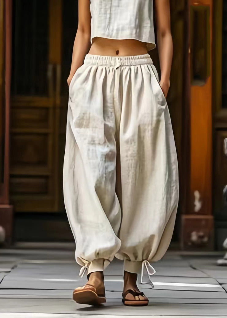 Unique Beige Drawstring Elastic Waist Beam Pants