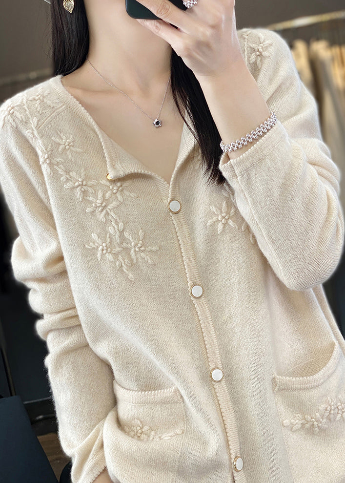 Unique Beige Floral Button Cashmere Knit Cardigan Long Sleeve